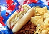 Plate with hot dog, chips and baked beans